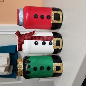 Hand Crafted/Upcycled Santa, Elf, Snowman Jar Set of 3 Holiday Decor